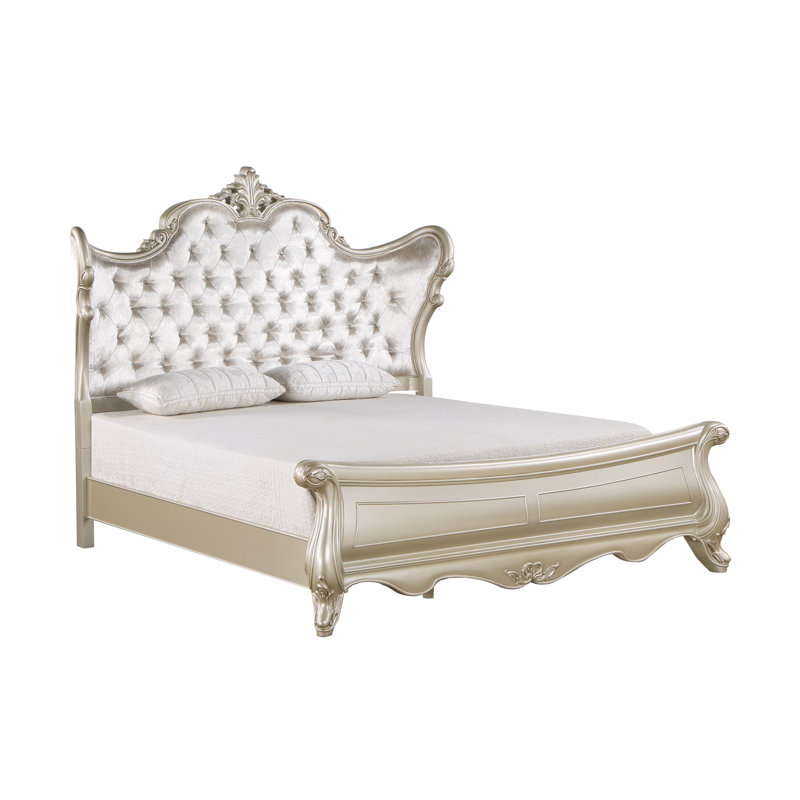 Lit standard en bois massif Monique avec tête de lit tapissier couleur champagne, Très grand