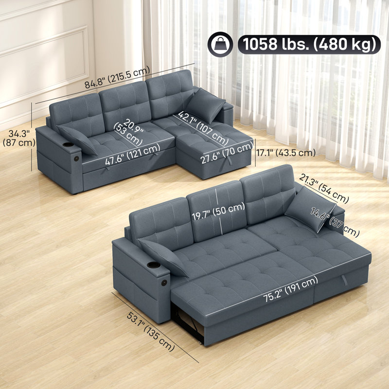 Latitude Run® Sofa Bed, Pull Out Sleeper Couch with USB Ports, Chaise ...