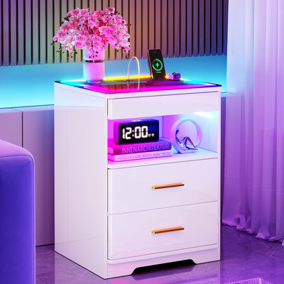 Modern Led Nightstand With App-controlled Rgb Lighting - 3-drawer Bedside Table With Glass Top