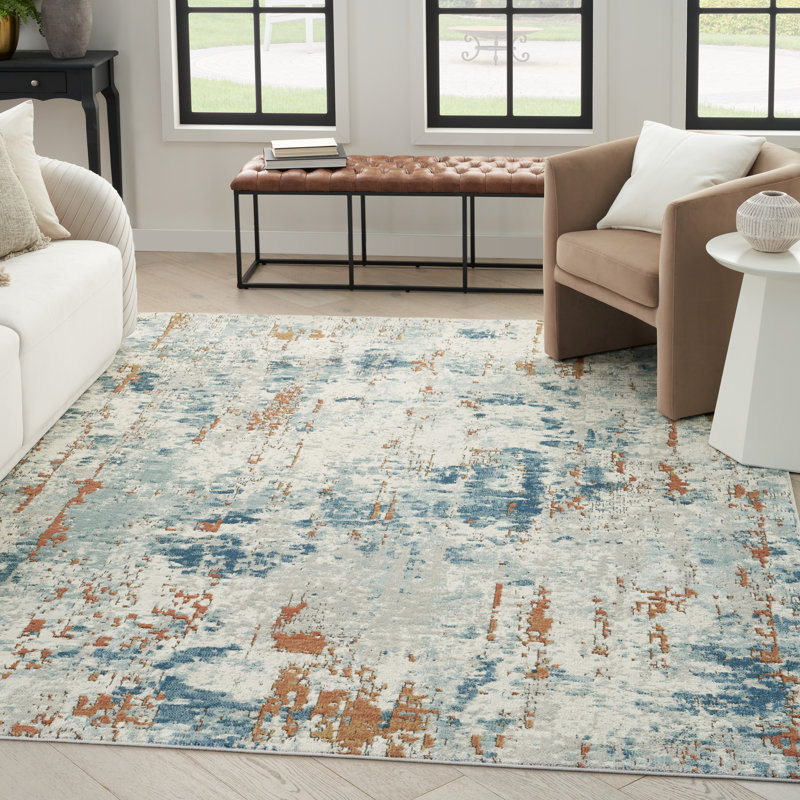 Tapis beige / gris en polyester / polypropylène tissé à la machine Addie, Beige/Blue/Rust, Rectangle 5 pi 3 po x 7 pi 3 po