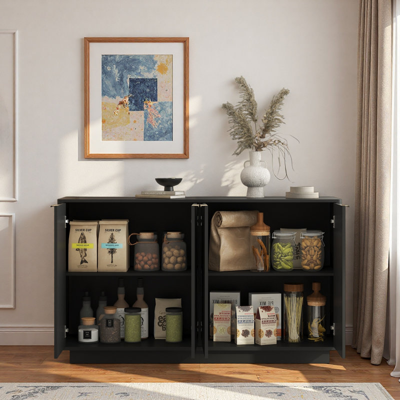 Modern Fluted Sideboard With Adjustable Shelves And Metal Handles, Black