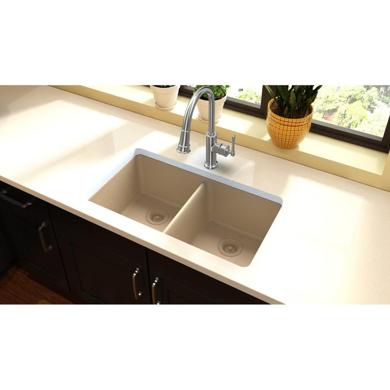 Quartz Classic 18.5" W x 33" L Double Basin Undermount Kitchen Sink, Sand