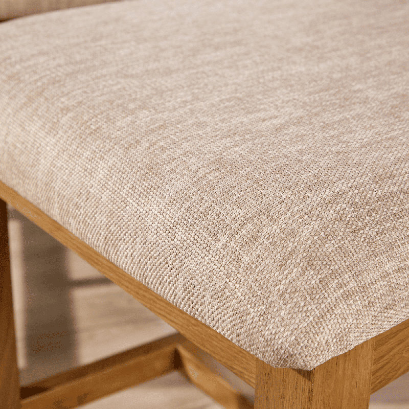 Pair of Assembled High Slatted Back Dining Chairs Wool Seat Solid Oak Legs, Beige