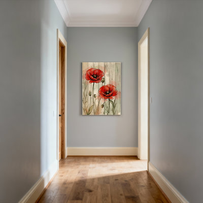 Fleurs de coquelicots rouges sur bois, reproduction d'art sur toile tendue sur toile, ensemble de 1