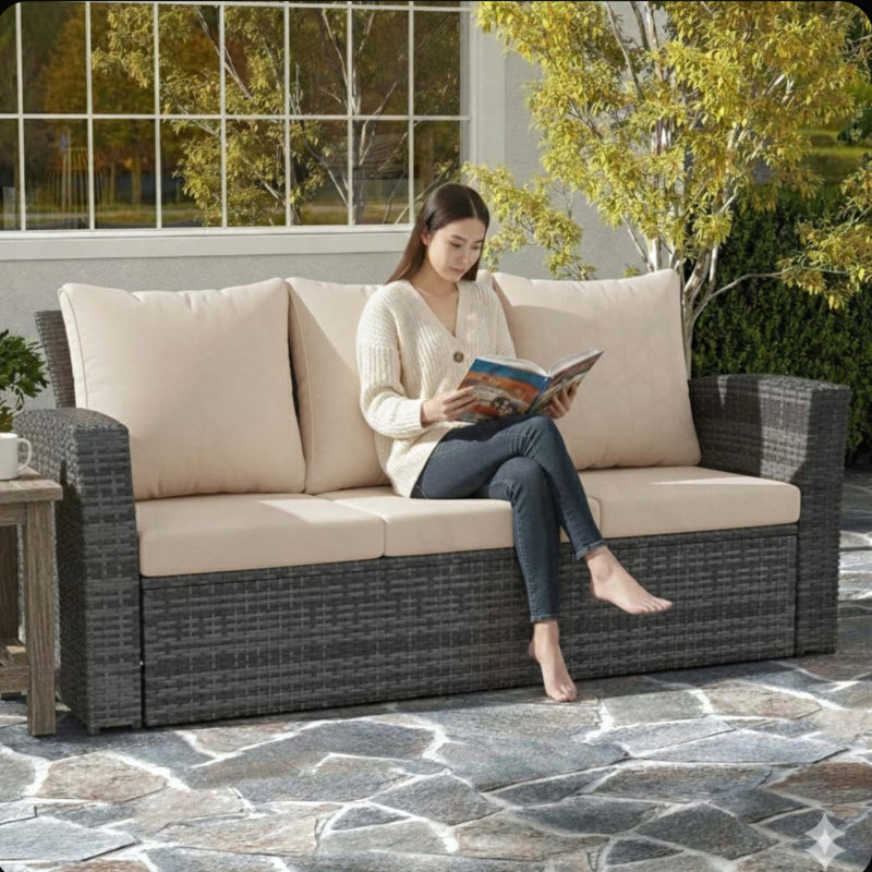 67.7" 3-Seat All-Weather Wicker Patio Sofa with Thick Beige Cushions, Black Frame, Beige