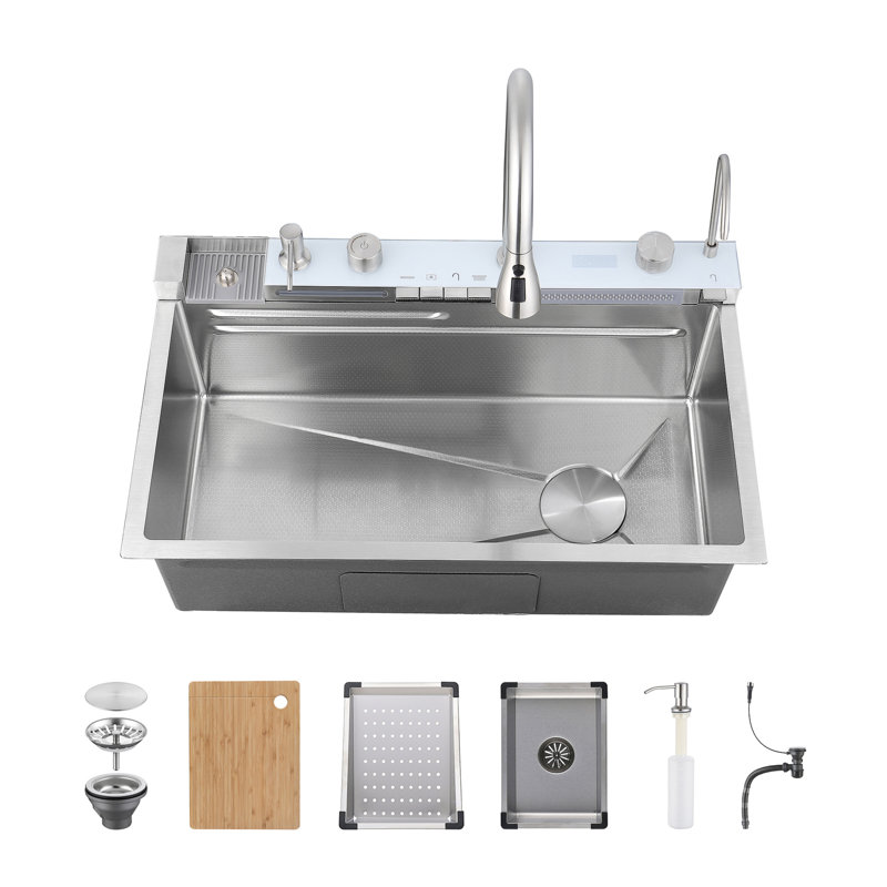 Évier à cuve rétractable à simple cuve à évier encastré en acier inoxydable 304, Gris foncé