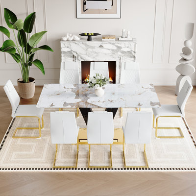 71'' Glass Dining Table Set for 8,Marble Patterned Dining Room Table Set With V-Shaped Black Glossy Pillars