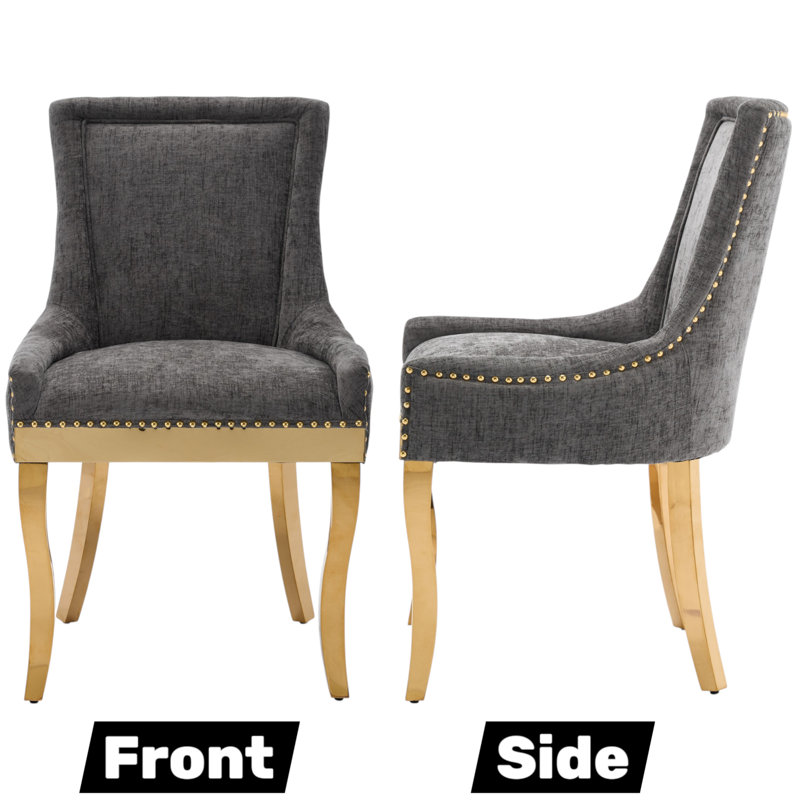 Thickened Fabric Upholstered Wooden Nailhead Dining Chair, Dark Gray, 2, Gold