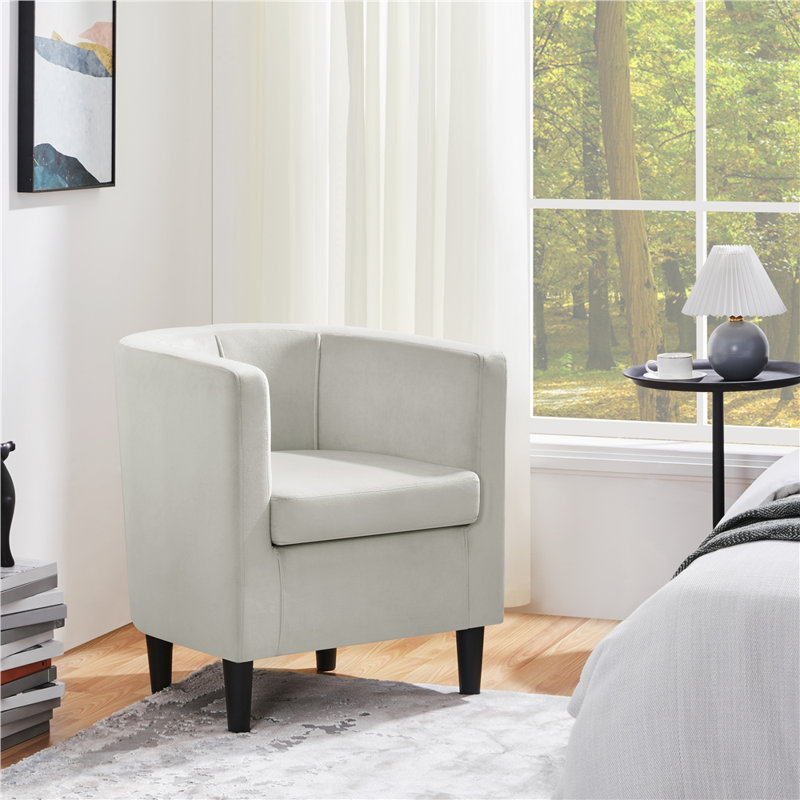 Barrel-Shaped Upholstered Velvet Chair, Beige Polyester Blend