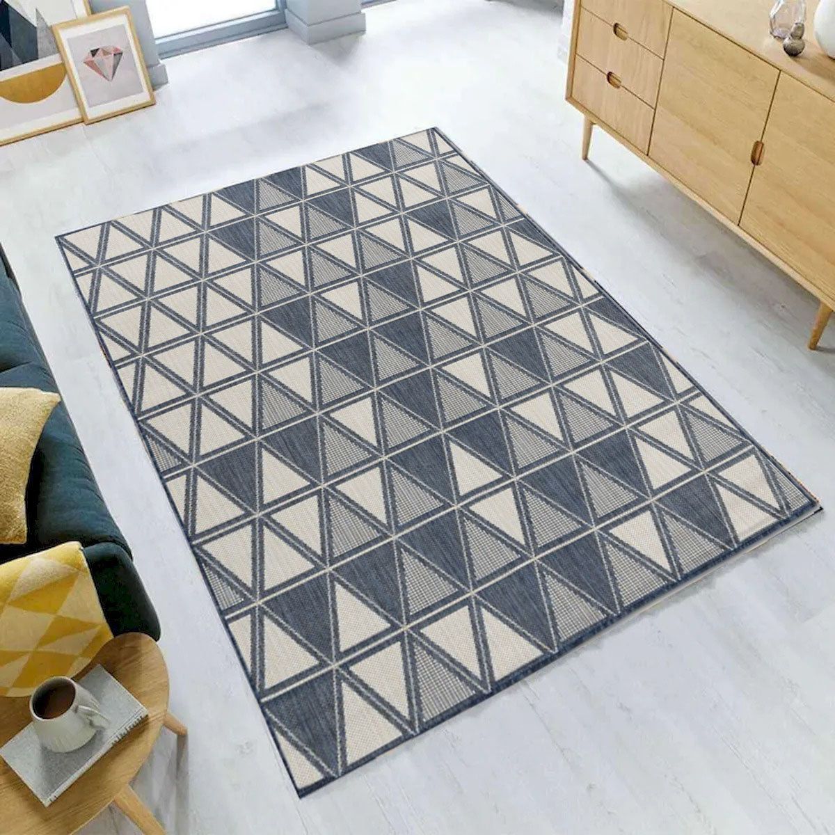Ebern Designs Cabana Indoor Outdoor Ivory And Blue Triangles Rug | Wayfair