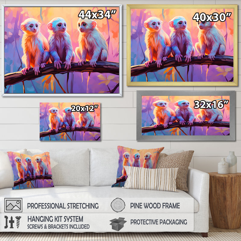 «Joyous Jungle Monkeys», art mural singe, Cadre flottant blanc, H 12 po x l 20 po x P 1 po