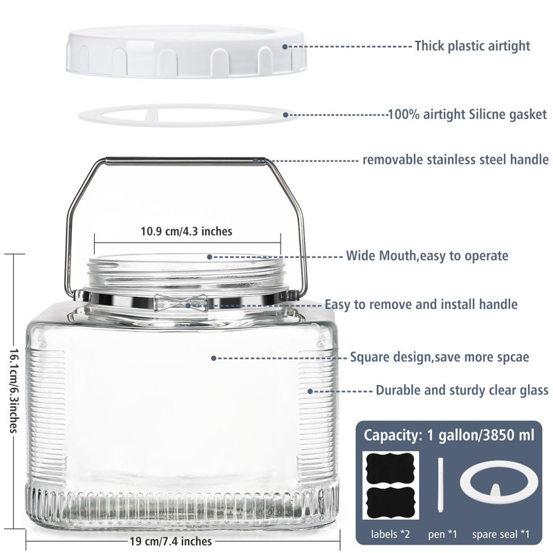 Paquet de 2 bocaux en verre de 1 gallon avec poignées en acier, grandes bouteilles de cuisine pour cornichons, produits secs 130 oz