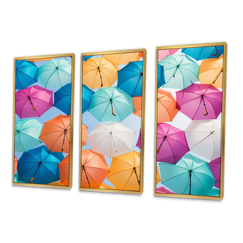 Multicolore parapluies photo moderne - ensemble d'art sur toile ciel, Cadre flottant doré, H 40 po x l 60 po x P 1 po