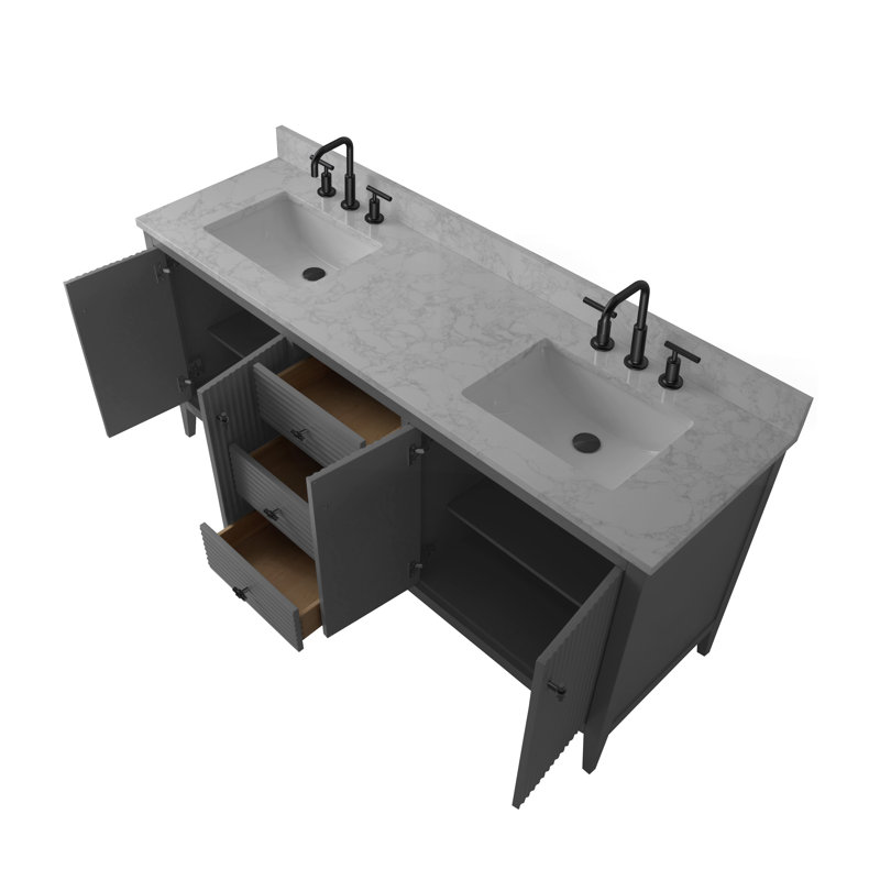 Ensemble de meuble-lavabo autoportant à double cuve 72 po avec plateau en marbre Lavallon, Noir mat, Gris cachemire linéaire