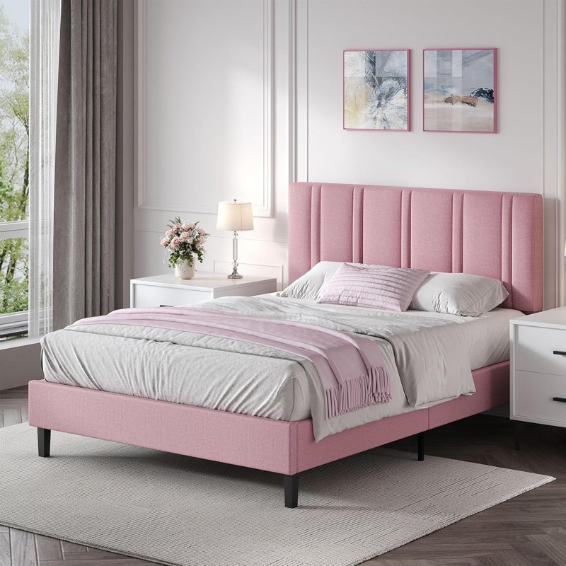 Tête de lit capitonnée, lits plateforme tapissiers avec support en lattes de bois, structure de lit en tissu, Grand, Rose