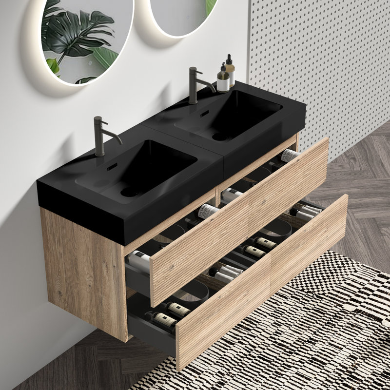 Meuble-lavabo suspendu de 122 cm (48 po), lavabo en quartz noir reconstitué, tiroirs en chêne brut, style moderne du milieu du siècle, évacuation silencieuse en forme de U, panneaux latéraux en bois, esthétique, grand espace de rangement