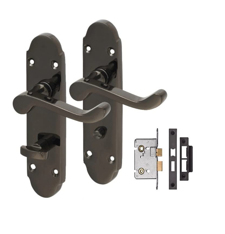Epsom Style Bathroom Door Handles in Polished Black Nickel Finish with Mortise Lock Set - 170mm x 40mm, Lock