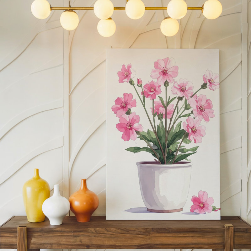 Reproduction d'art délicat sur toile rose dans un pot en céramique blanc, H 12 po x l 9 po