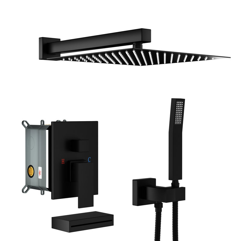 12 Inch Wall Mounted Shower System With Matte Black Appearance & Waterfall Tub Spout, Square Rainfall Head Rain Head, Spout For Tranquil Bath Experience