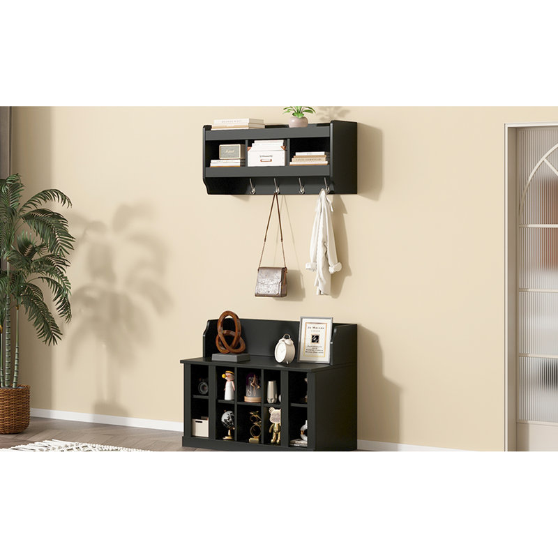 Arbre d'entrée élégant avec banc à chaussures et tablette murale, noir, poids de crochet de 6,6 lb, tablettes de rangement de capacité d'entrée de 176 lb, options personnalisables