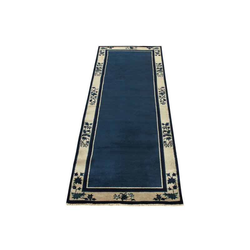 Vintage Hand Knotted Wool Floral Area Rug in Blue, Cream