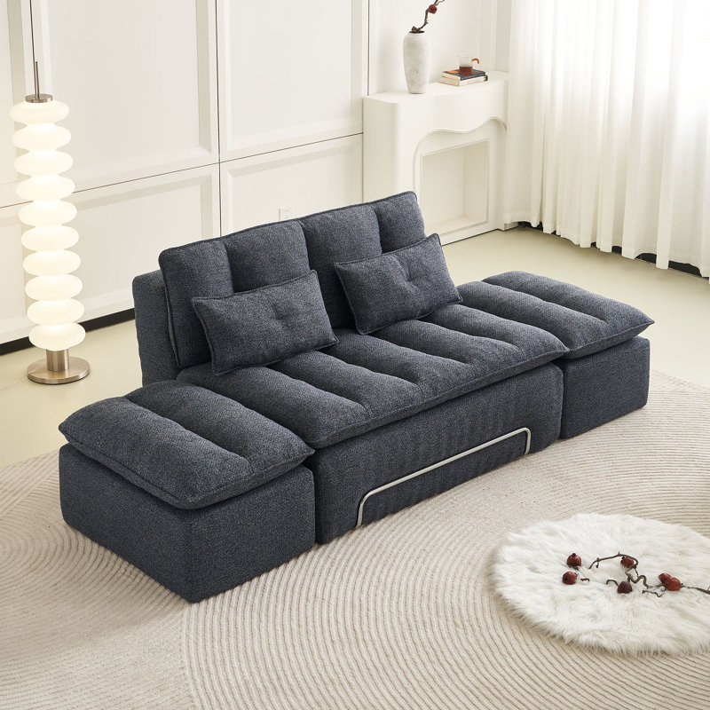 Ensemble de salon moderne avec causeuse et deux repose-pieds en lin Modern, Bleu