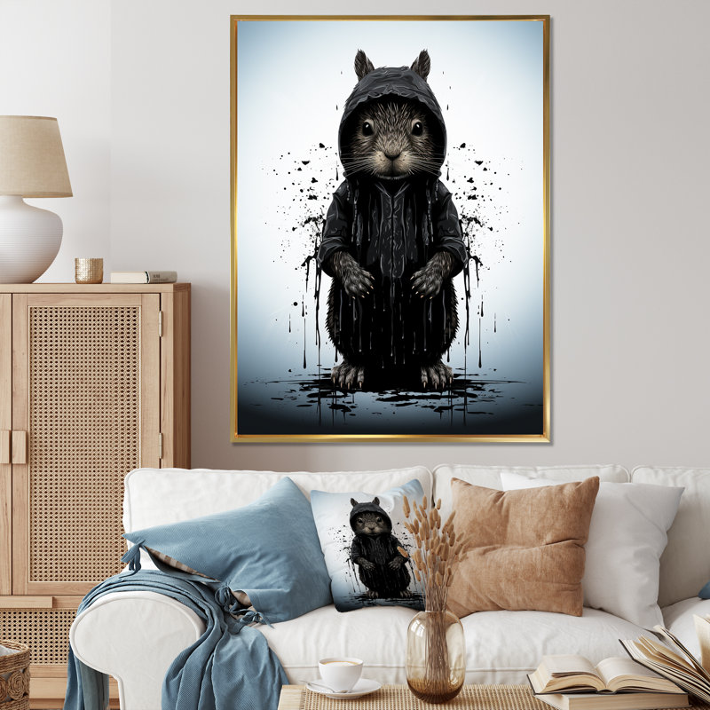 Silhouette d'un écureuil noir - écureuil, art mural, H 40 po x l 30 po x P 1,5 po, Cadre flottant doré