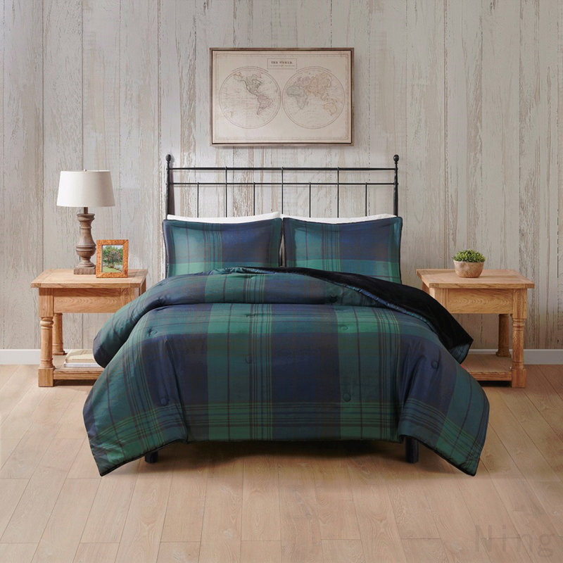 Ensemble d'édredon en duvet synthétique de très grande laine à duvet synthétique King, Tissu écossais vert