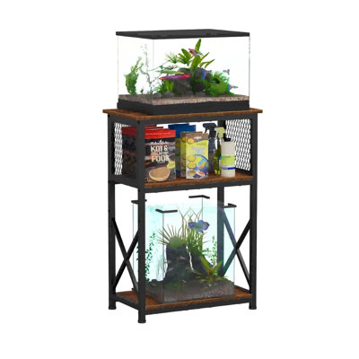 Support d'aquarium 10 gallons avec rangement, support de réservoir de poissons lourds en métal à 3 niveaux, brun rustique