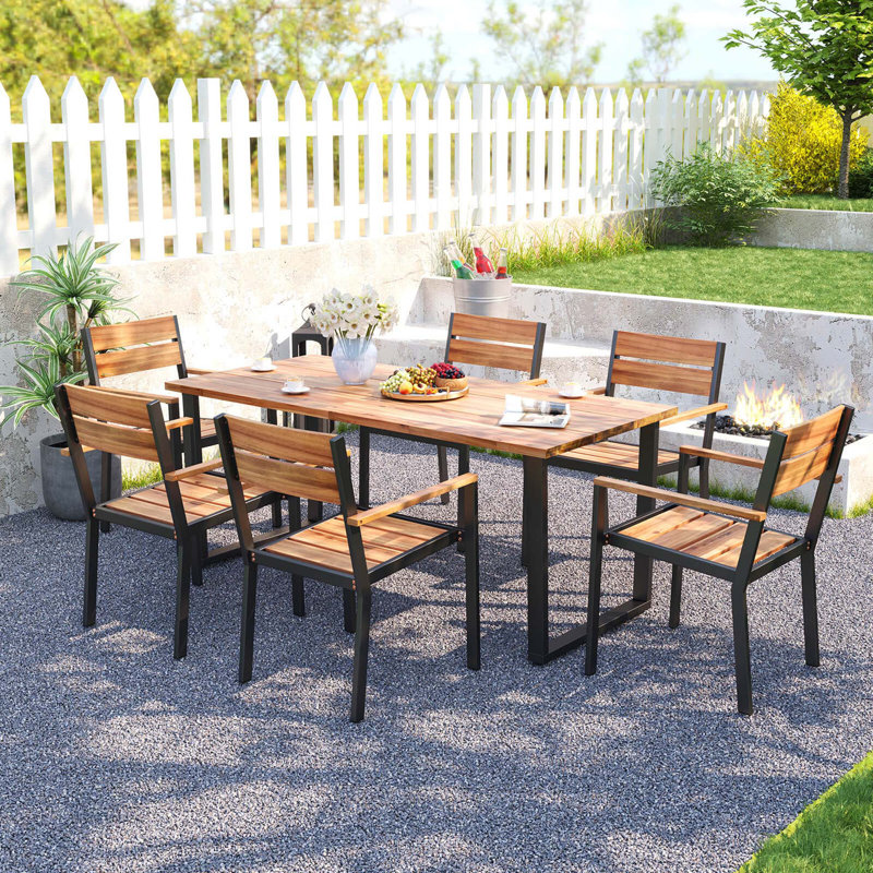 7 Pcs Acacia Wood Patio Dining Set 6 Armchairs And 69" Table With 2" Umbrella Hole