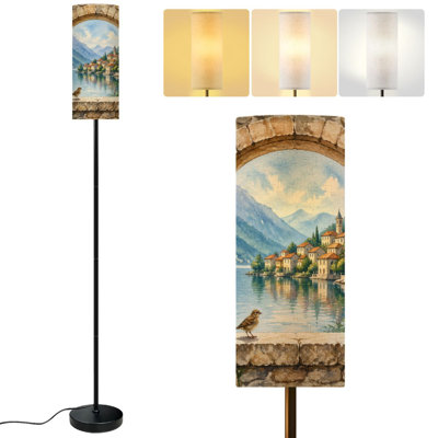  68.5" Standing Floor Lamp Rustic Stone Window Open Wooden Shutters Overlooking Lakeside Village Dimmable Metal Pole Lamp with Linen Lampshade LED Bulb Included