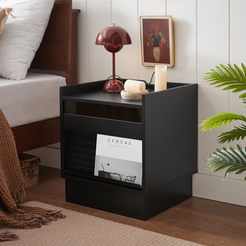 Thaddeus Nightstand With A Charging Station And LED Lights, Black