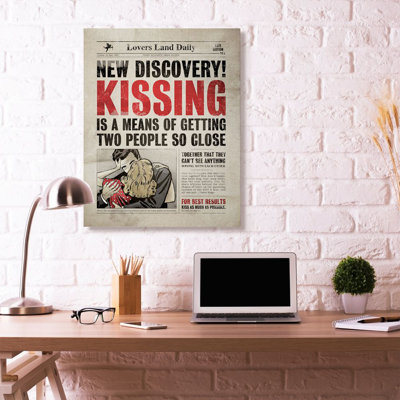 Kissing Funny Newspaper Vintage Comic Book Design by Ester Kay - Textual Art Print on Canvas