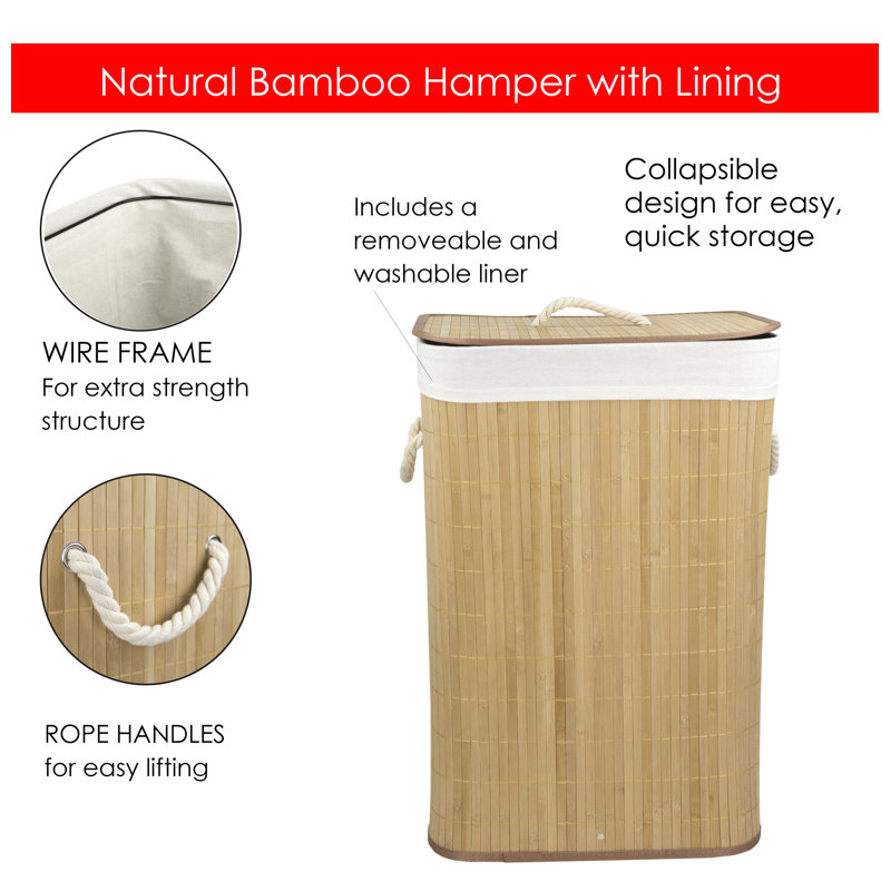 Natural Bamboo Foldable Laundry Hamper with Removable Liner