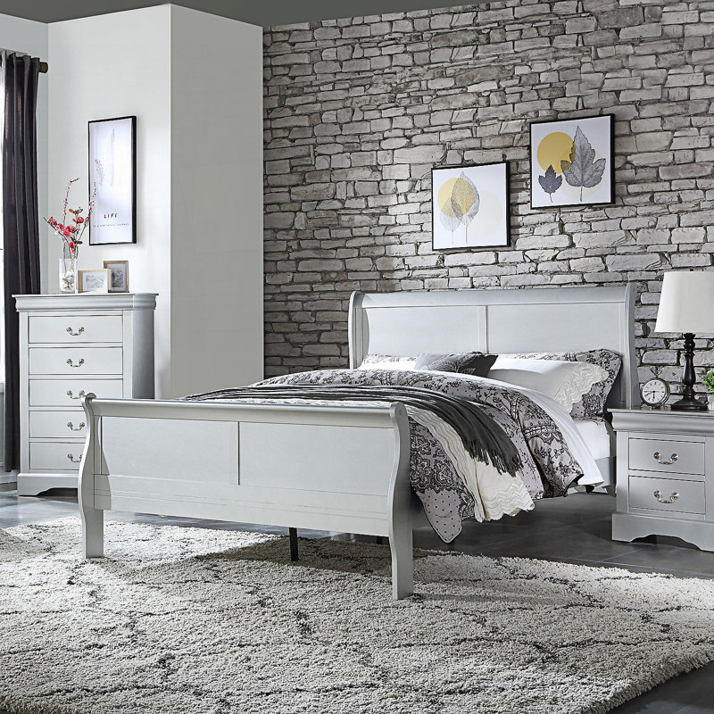 Amadis Wooden Sleigh Bed, Twin, Silver Gray