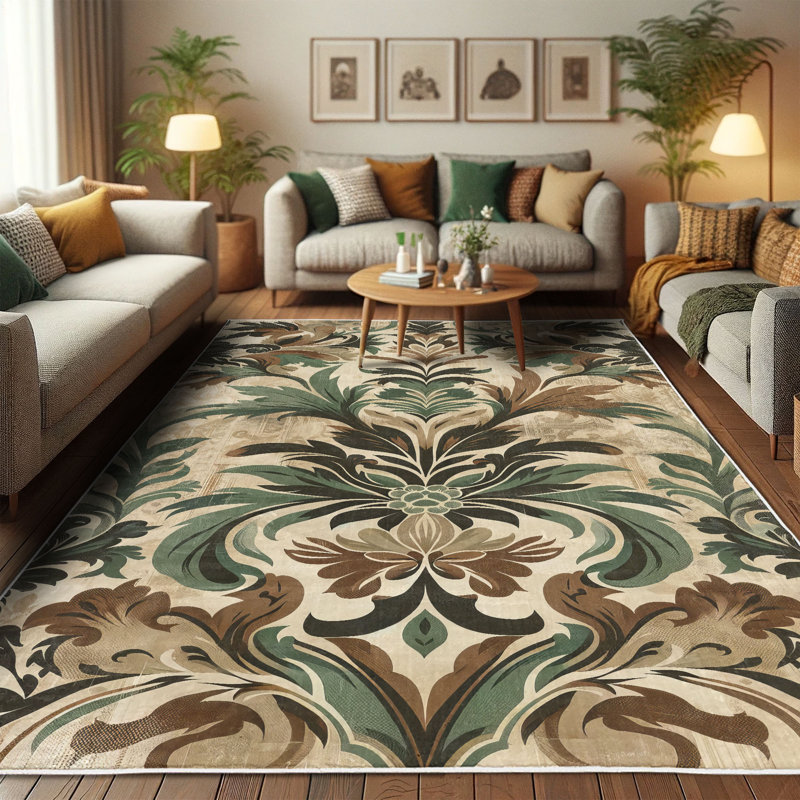 Bohemian Leafy Damask Beige and Green Synthetic Area Rug