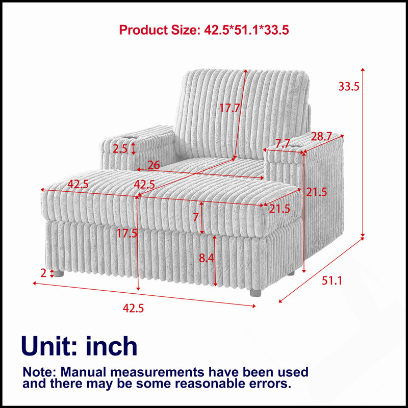 Fauteuil inclinable en velours côtelé de 42,5 pouces avec rangement, porte-gobelet et dossier confortable pour la détente dans le salon