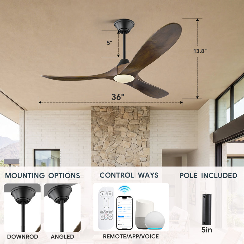 Ventilateur de plafond intelligent avec lumière et télécommande, télécommande et application, pales en bois massif, moteur à courant continu réversible