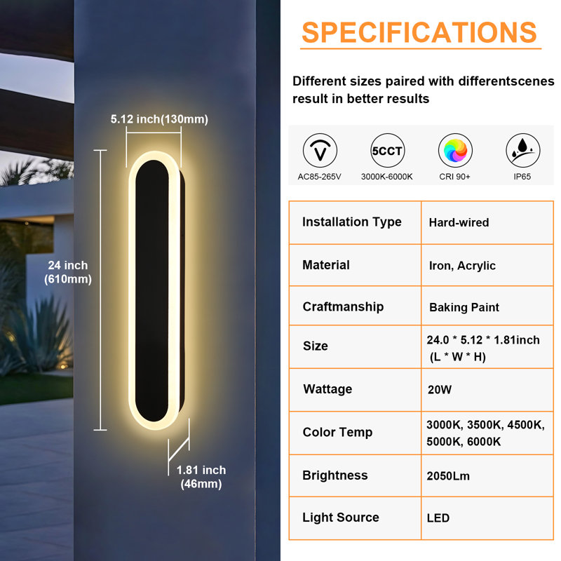 2 Pack Long Outdoor Porch Wall Light, 24Inch Oval Modern LED Wall Sconce, IP65 Waterproof, 3000K/3500K/4500K/5000K/6000K, 20W, Exterior Linear Lighting Fixture For Patio, Yard, Garage, Balcony