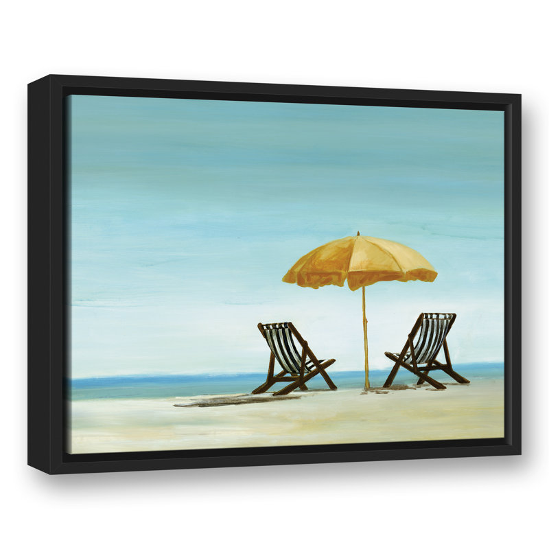 « beach chaises under jaune parasol », peinture à l’acrylique sur toile en bleu, H 16 po x l 20 po, Cadre noir