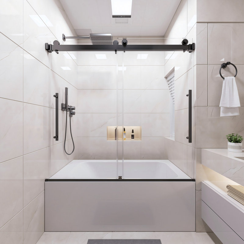 56-60" W x 58" H Semi-Frameless Double Sliding Bathtub Shower Door, Matte Black, 1/4" Clear Tempered Glass