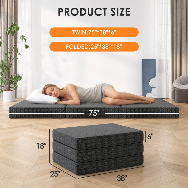 6'' Gel Memory Foam Mattress Twin Size, Portable Tri-folding Mattress With Washable Cover, Black, Twin, 6"