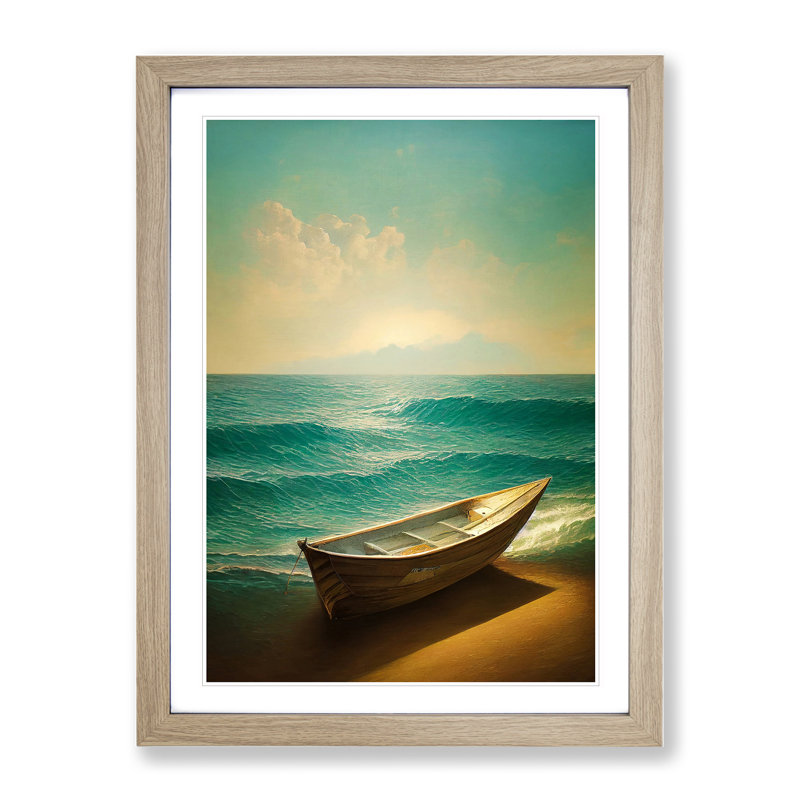 XV1022-1134X Boat On The Beach - Print, 66cm H x 48cm W x 2cm D, Oak Framed, White