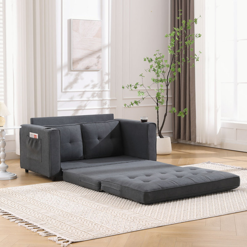  Upholstered Tufted Folding Loveseat Sofa Bed with Cup Holders & Side Pockets, Dark Gray