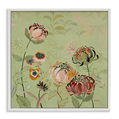 Chrysanthèmes enroulés sur giclée verte encadrée, design par Dusza