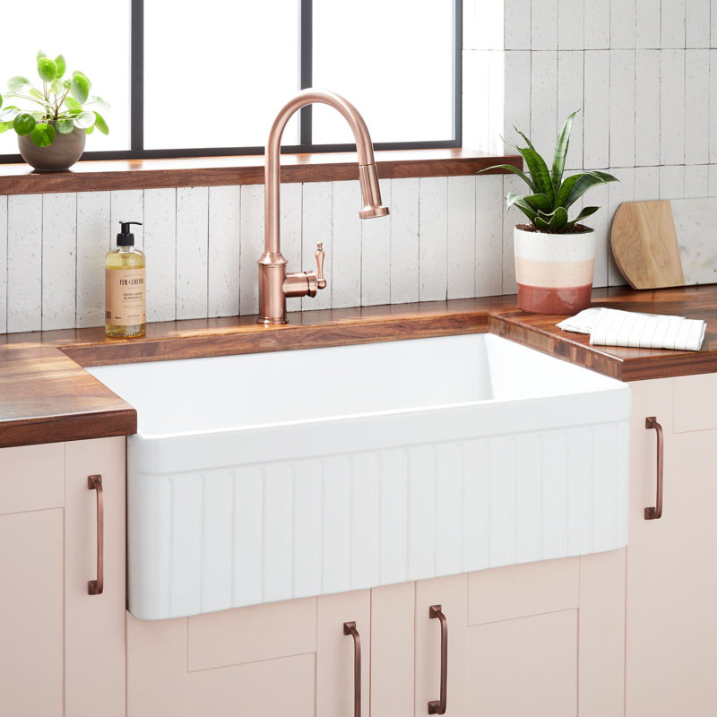 30" White Fireclay Farmhouse Sink with Fluted Apron