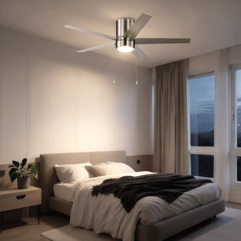 52 In. Indoor Flush Mount Brushed Nickel Ceiling Fan With 5 Blades, Pull Chain, Beige/Gray Weathered Wood, Brushed Nickel