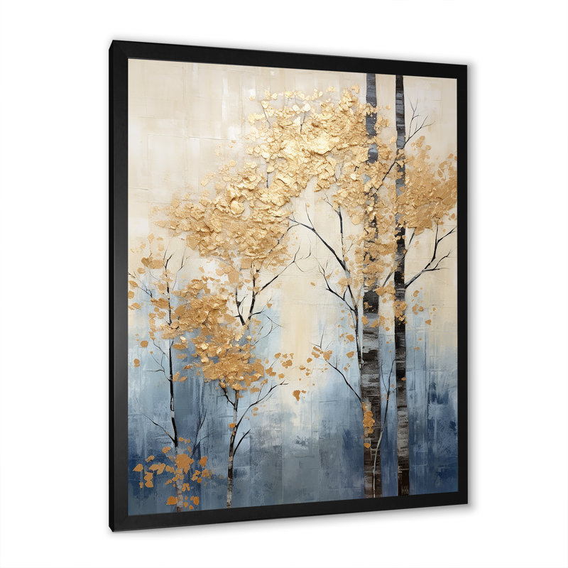Minimalisme, or et bleu, scène d'arbres II, reproduction d'art sur toile, Cadre simple noir, H 40 po x l 30 po x P 1,5 po