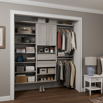Grey Oak 94.5" Wall-Mounted Single Wall Closet System with 3 Sections, Shaker Doors, 2 Clothing Rods, 12 Shelves & 2 Reveal Drawers
