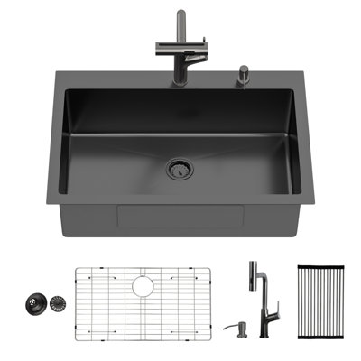Évier de cuisine encastré 30 po en acier inoxydable avec robinet coulissant et distributeur de savon - 30 po x 22 po x 10 po à cuve simple en acier inoxydable de calibre 16 avec évier de cuisine
